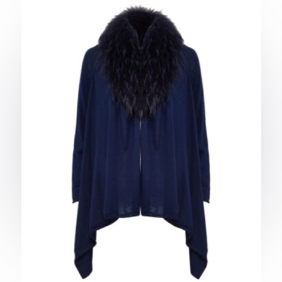 Alice and Olivia Fur Trim Cashmere Cardigan | Navy / XS - Picture 1 of 2